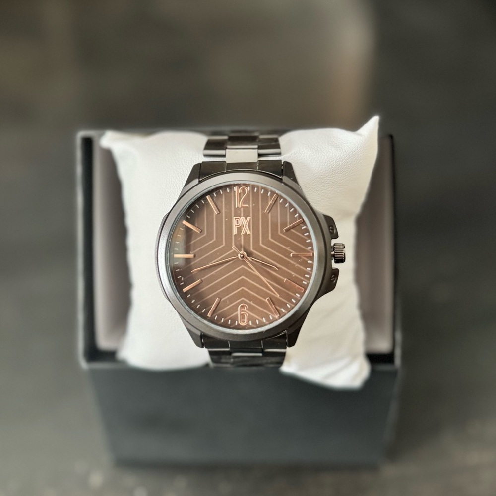 PX Men’s Gunmetal Watch – Black Dial & Metal Band – New in Box – MSRP $125 |